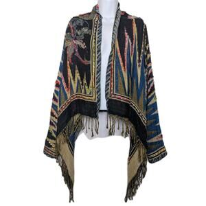 Raj Kimono Open Front Cardigan Tassel Chevron Floral Shrug Boho Lagenlook S M